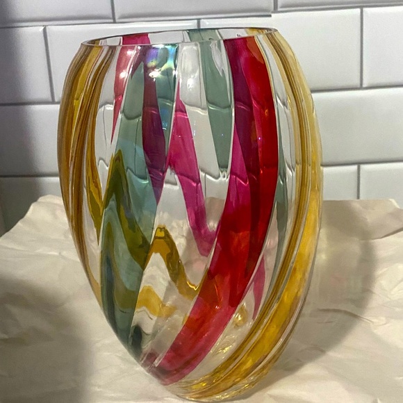 Vintage Rainbow Flash Swirl Art Glass Gold Encrusted Bohemian Czech Vase - Picture 1 of 4